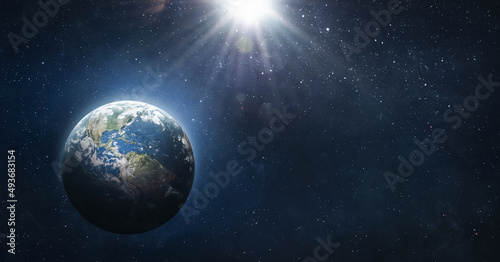 Fototapeta Naklejka Na Ścianę i Meble -  Earth planet in space. Blue marble. Space wallpaper with sun light and stars. Elements of this image furnished by NASA