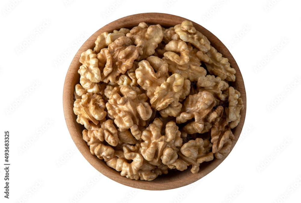 Bowl full of peeled walnuts on a white backgroun ,top view Bowl full of peeled walnuts on a white backgroun ,top view