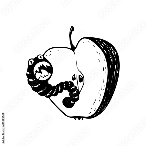 Scary worm parasite in an apple. Vector black on white illustration