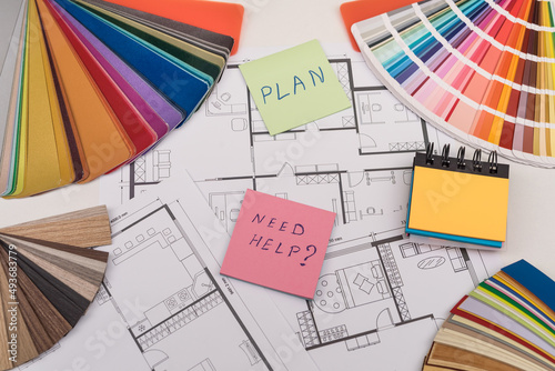 House plans with color palettes for repair at workplace