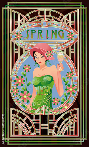 Spring seasons girl, Art deco card, vector illustration	