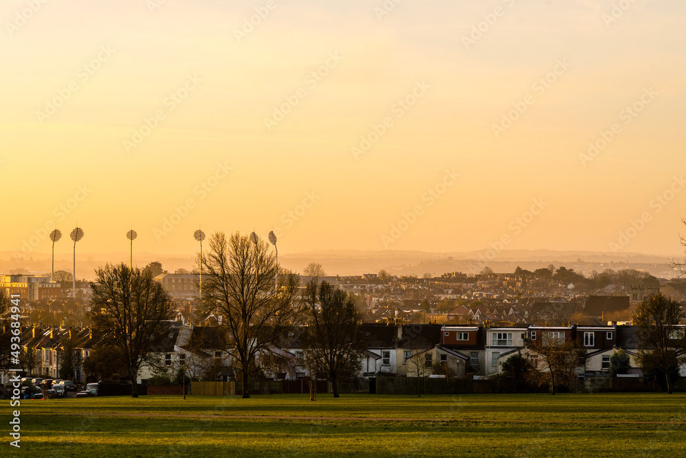 Horfield common at sunrise with memorial stadium in distance Horfield common at sunrise with memorial stadium in distance