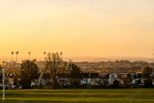 Horfield common at sunrise with memorial stadium in distance
