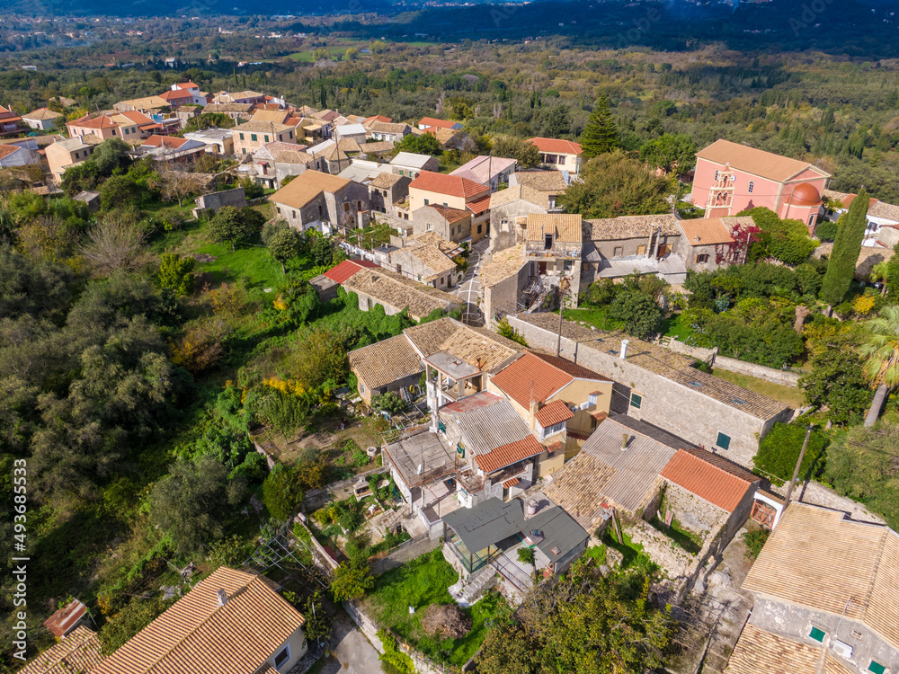 Drone view of Greek traditional  small village in Corfu, Greece