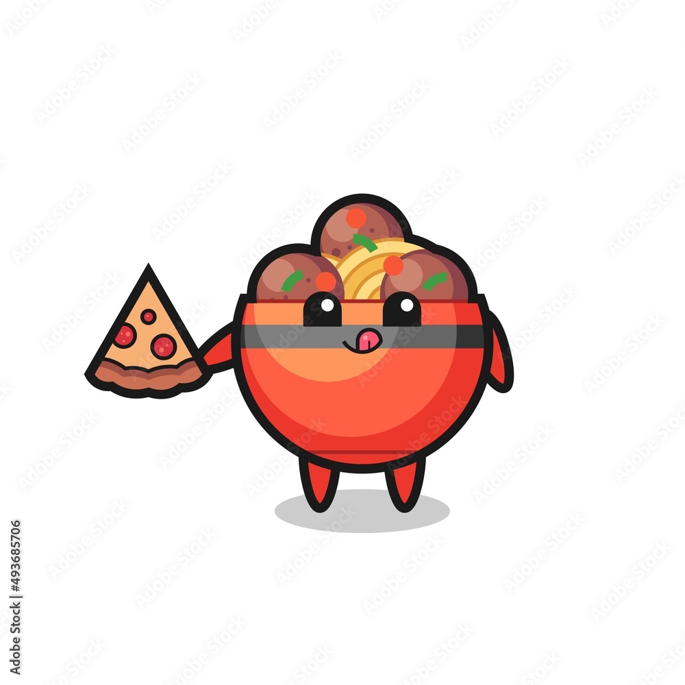 Fototapeta premium cute meatball bowl cartoon eating pizza