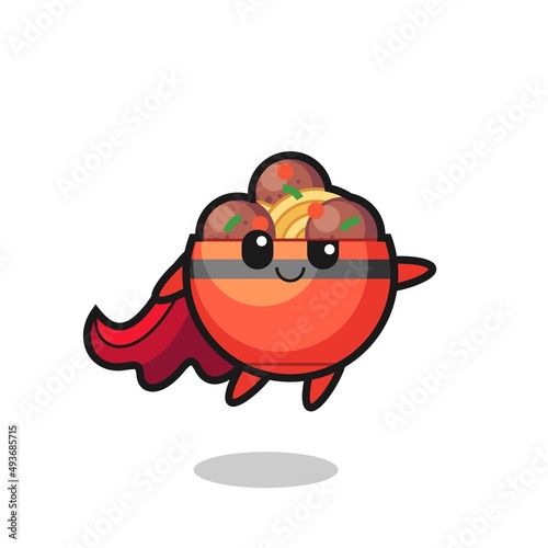 cute meatball bowl superhero character is flying