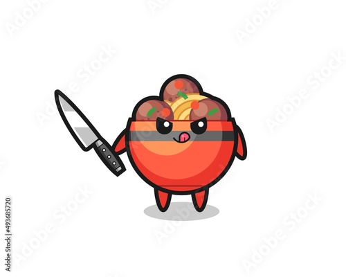 cute meatball bowl mascot as a psychopath holding a knife