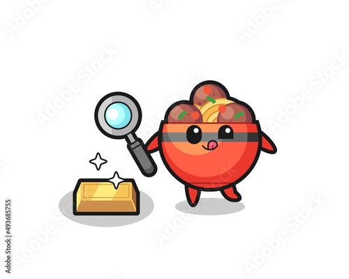 meatball bowl character is checking the authenticity of the gold bullion