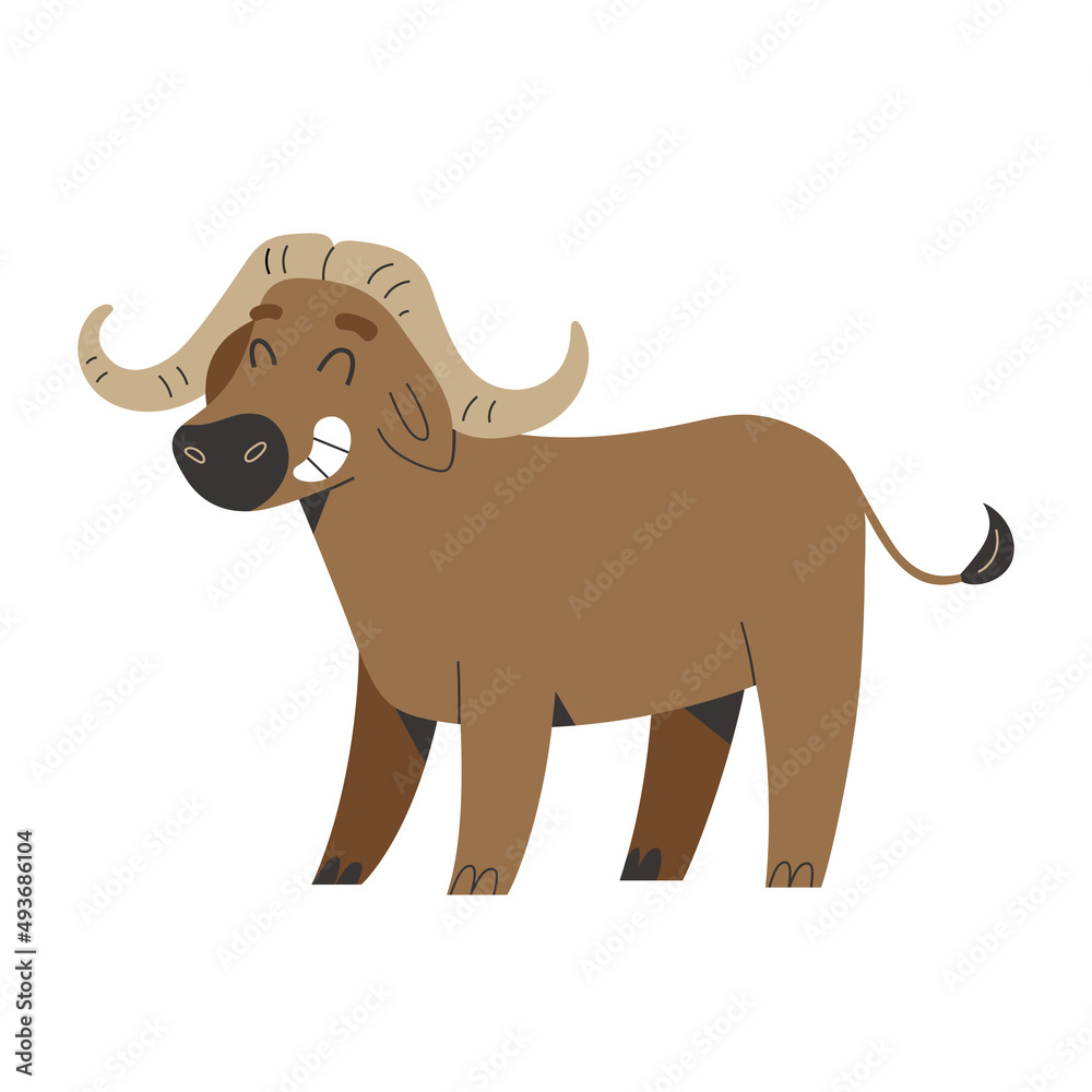 African buffalo with big horns, african animal smiling, isolated vector illustration on white background.