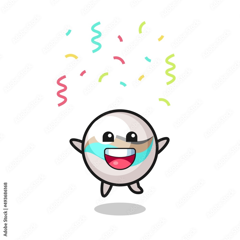 Naklejka premium happy marble toy mascot jumping for congratulation with colour confetti