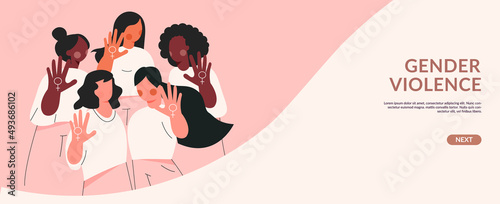 Women power protest against gender violence and harassment. Girls diverse team show stop gesture. Female community, sisterhood, activist people together. Women cooperation flat vector illustration photo