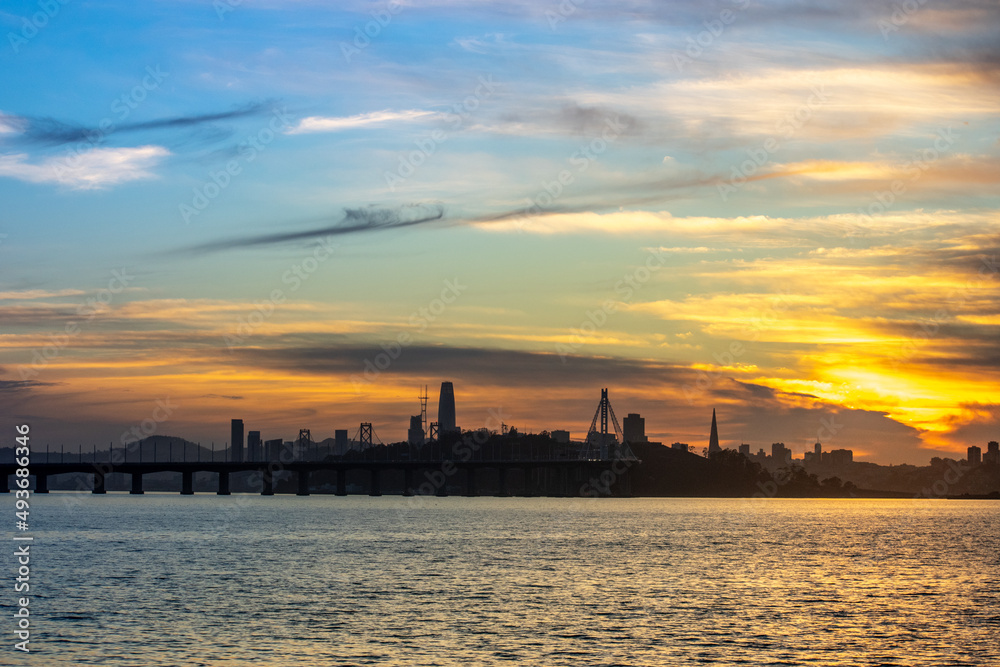 Sunset view of San Francisco Bay and the city skyline	