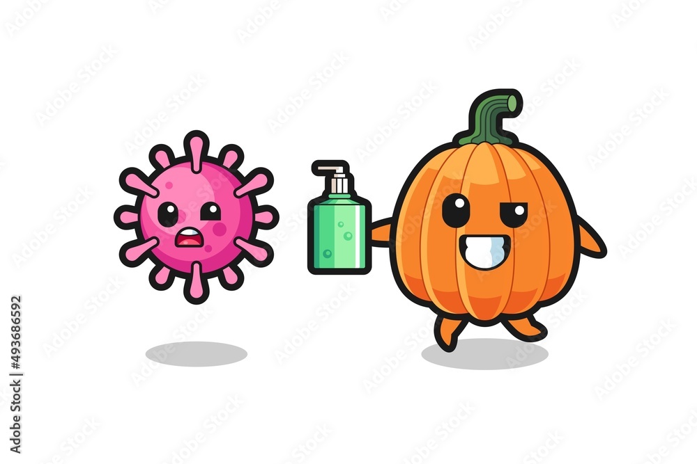 Fototapeta premium illustration of pumpkin character chasing evil virus with hand sanitizer