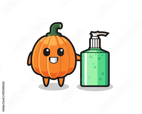 cute pumpkin cartoon with hand sanitizer
