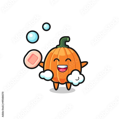 pumpkin character is bathing while holding soap