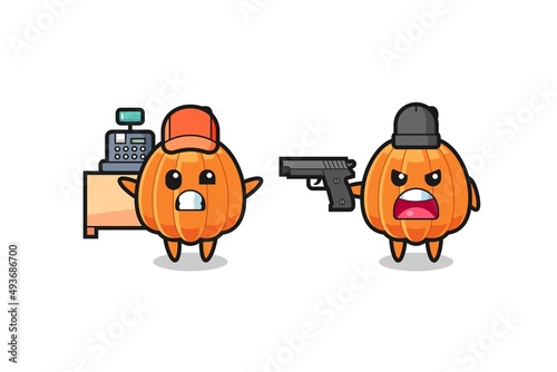illustration of the cute pumpkin as a cashier is pointed a gun by a robber