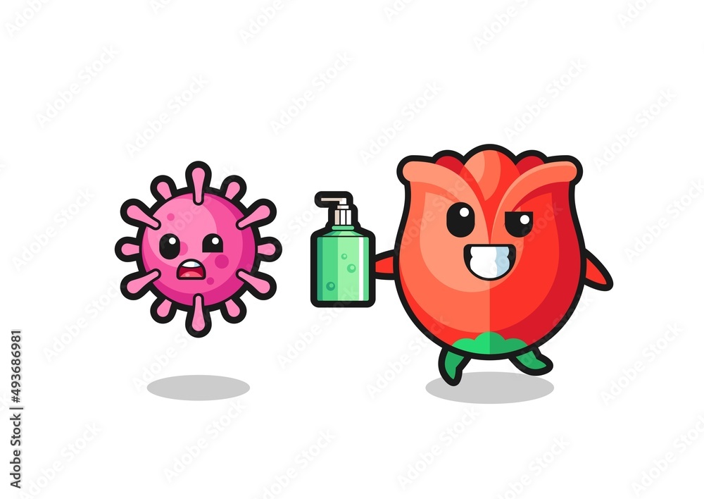 Fototapeta premium illustration of rose character chasing evil virus with hand sanitizer