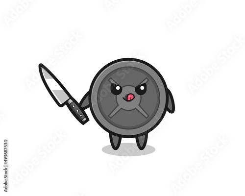 cute barbell plate mascot as a psychopath holding a knife
