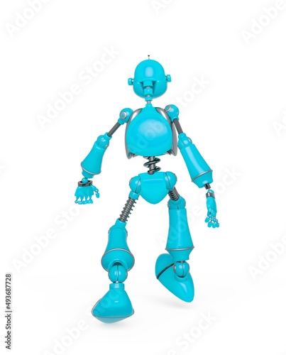 funny robot cartoon is walking rear view