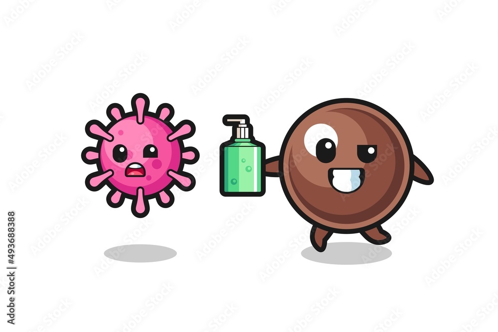 Fototapeta premium illustration of tapioca pearl character chasing evil virus with hand sanitizer