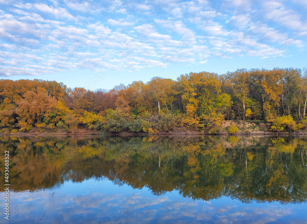 River in the autumn forest. Autumn forest river landscape. River in autumn forest. Autumn forest river reflection. beautiful blue sky with white clouds River in the autumn forest. Autumn forest river landscape. River in autumn forest. Autumn forest river reflection. beautiful blue sky with white clouds