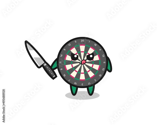 cute dart board mascot as a psychopath holding a knife