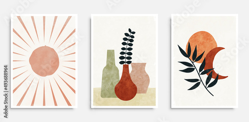 Botanical wall art. Plants with abstract shapes. Design for poster, wall art, home interior, cover. Vector illustration