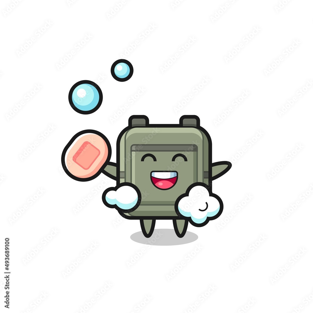 school bag character is bathing while holding soap