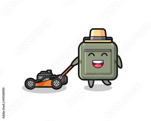 illustration of the school bag character using lawn mower
