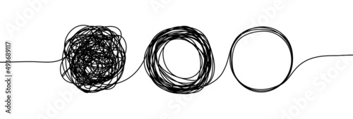 Chaotic and order hand drawn scribble rounds. Psychotherapy concept of solving problems. Vector illustration