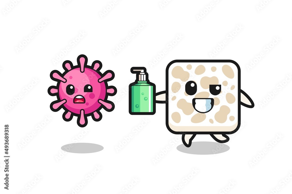 illustration of tempeh character chasing evil virus with hand sanitizer illustration of tempeh character chasing evil virus with hand sanitizer