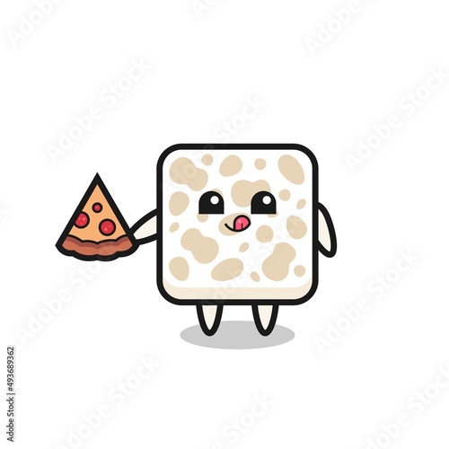 cute tempeh cartoon eating pizza