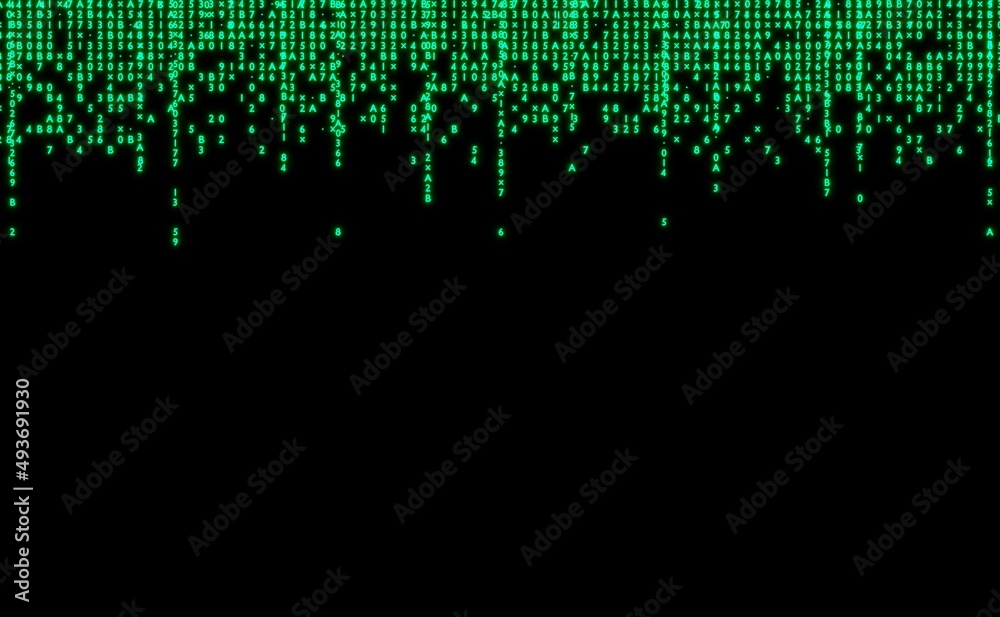 Matrix style background with code rain. Falling random numbers with space for your info or text. 3D rendering 
