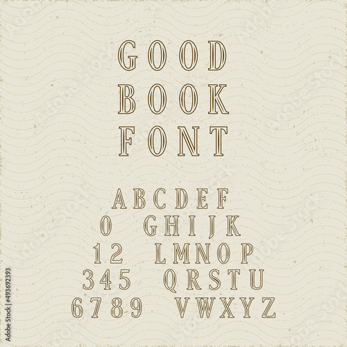 Hand Crafted Decorative Retro Style Font Lettering Named Good Book - Brown Narrow Caps and Numerals with Serifs on Beige Wavy Lines Grunge Background - Typography Graphic Design photo