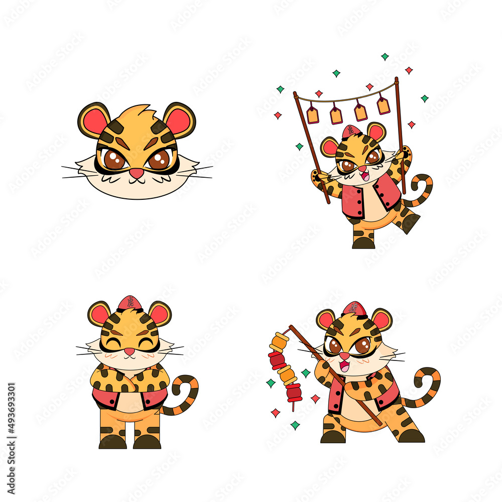 Set of cute lion cartoon with traditional clothes Zodiac sign Vector illustration