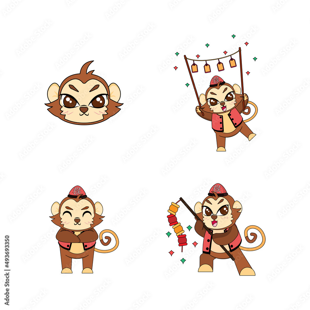 Fototapeta premium Set of cute monkey cartoon with traditional clothes Zodiac sign Vector illustration