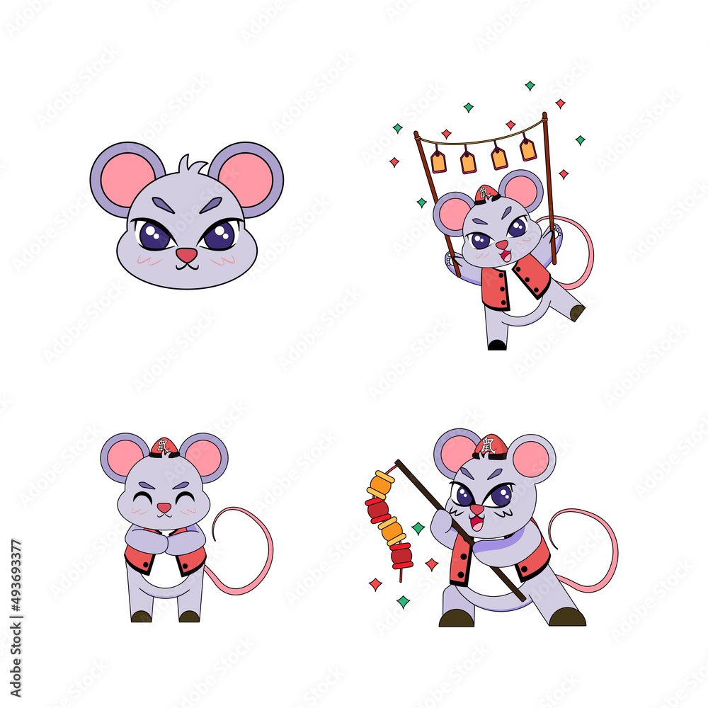 Set of cute rat cartoon with traditional clothes Zodiac sign Vector illustration