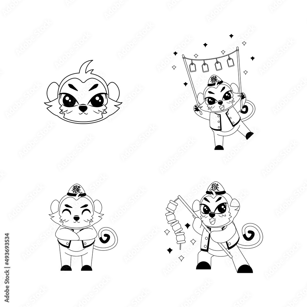 Set of cute monkey cartoon with traditional clothes Zodiac sign Vector illustration Set of cute monkey cartoon with traditional clothes Zodiac sign Vector illustration