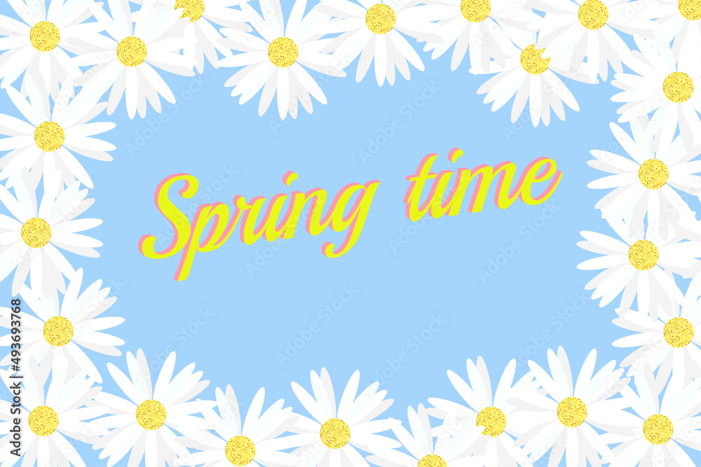 Concept: spring time Daisies frame on blue background Concept: spring time Daisies frame on blue background