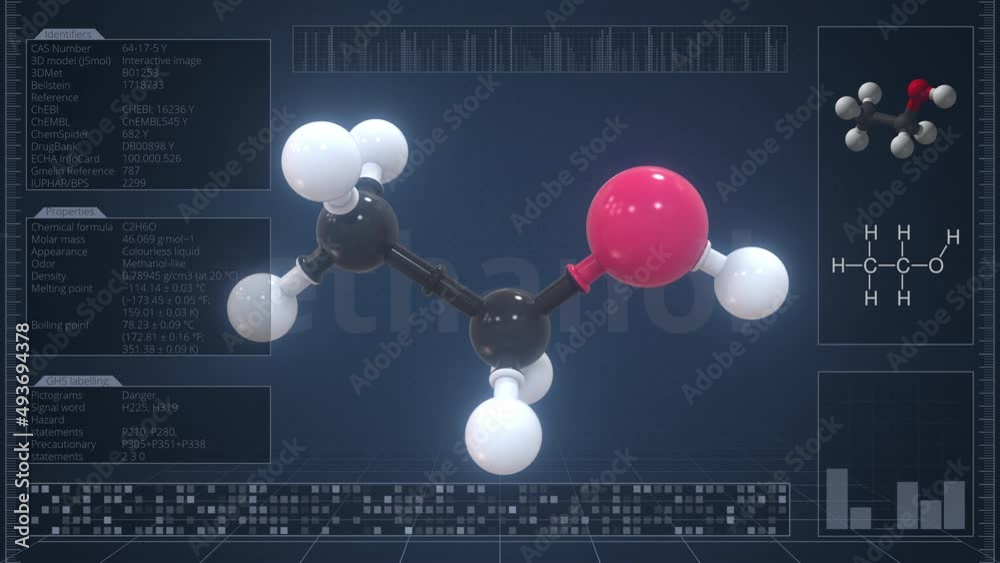 Overview of the molecule of ethanol on the computer screen. Loopable 3d animation