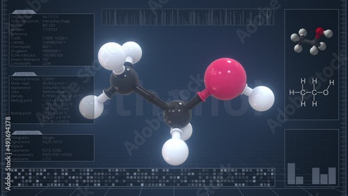 Overview of the molecule of ethanol on the computer screen. Loopable 3d animation photo