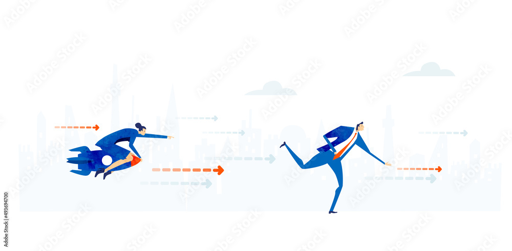 Successful business people competing with each other. Businesswoman flying with the rocket. Business concept illustration Successful business people competing with each other. Businesswoman flying with the rocket. Business concept illustration