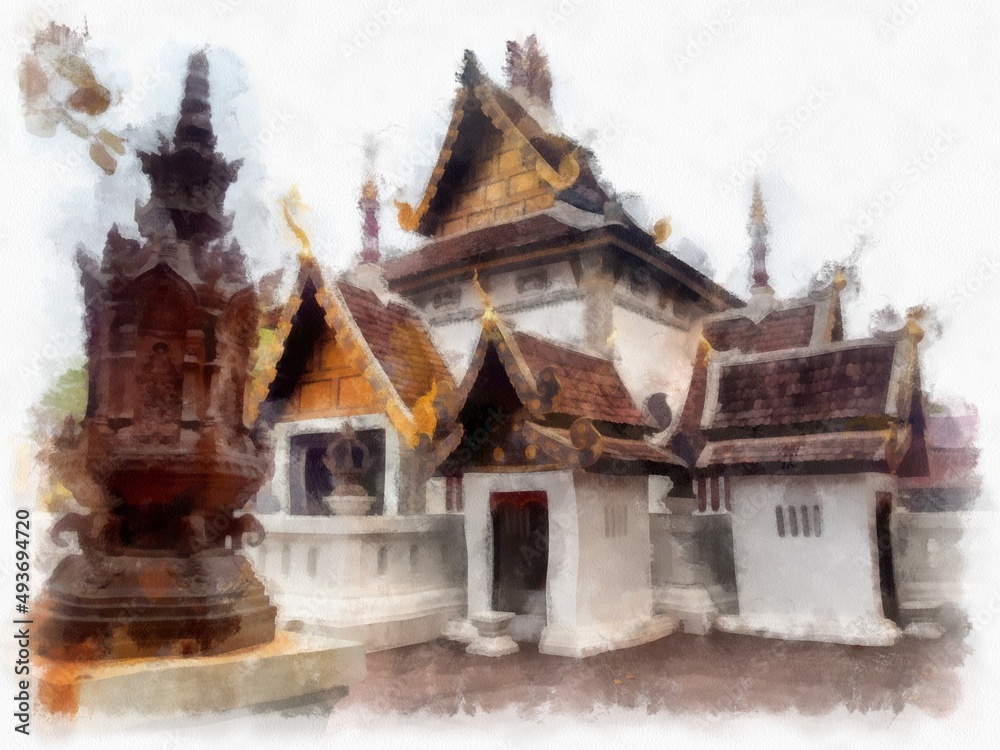 Naklejka premium Landscape of ancient northern architecture in Chiang Mai Thailand watercolor style illustration impressionist painting.