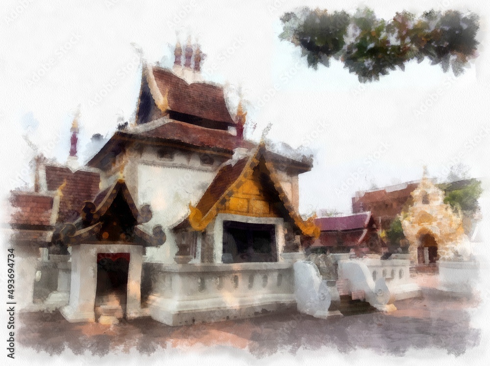 Landscape of ancient northern architecture in Chiang Mai Thailand watercolor style illustration impressionist painting. Landscape of ancient northern architecture in Chiang Mai Thailand watercolor style illustration impressionist painting.