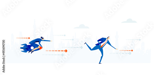 Successful business people competing with each other. Businesswoman flying with the rocket.  Business concept illustration