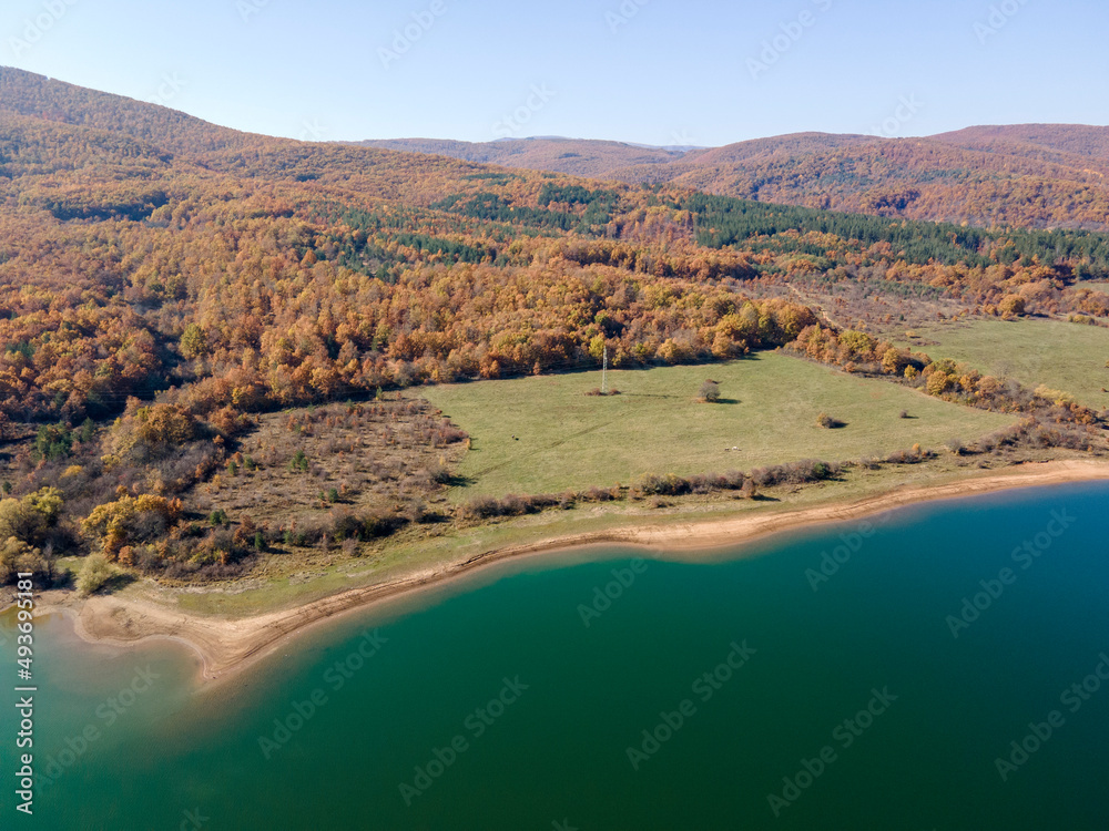 Aerial Autumn view of Izvor Reservoir, Bulgaria