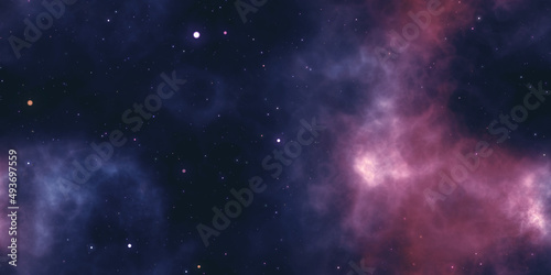 Fototapeta Naklejka Na Ścianę i Meble -  Seamless space texture background. Stars in the night sky with purple pink and blue nebula. A high resolution astrology or astronomy backdrop pattern.