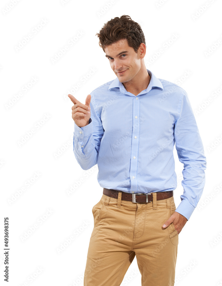 I have the perfect space for you. Portrait of a handsome young man in a studio pointing off camera. I have the perfect space for you. Portrait of a handsome young man in a studio pointing off camera.