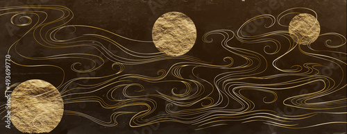 Luxury dark gold art background with moon or sun waves lines. Abstract banner in oriental style for interior design, wallpaper, decor, packaging