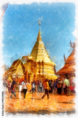 Ancient Architecture Council of Wat Phra That Doi Suthep in Chiang Mai Thailand watercolor style illustration impressionist painting.